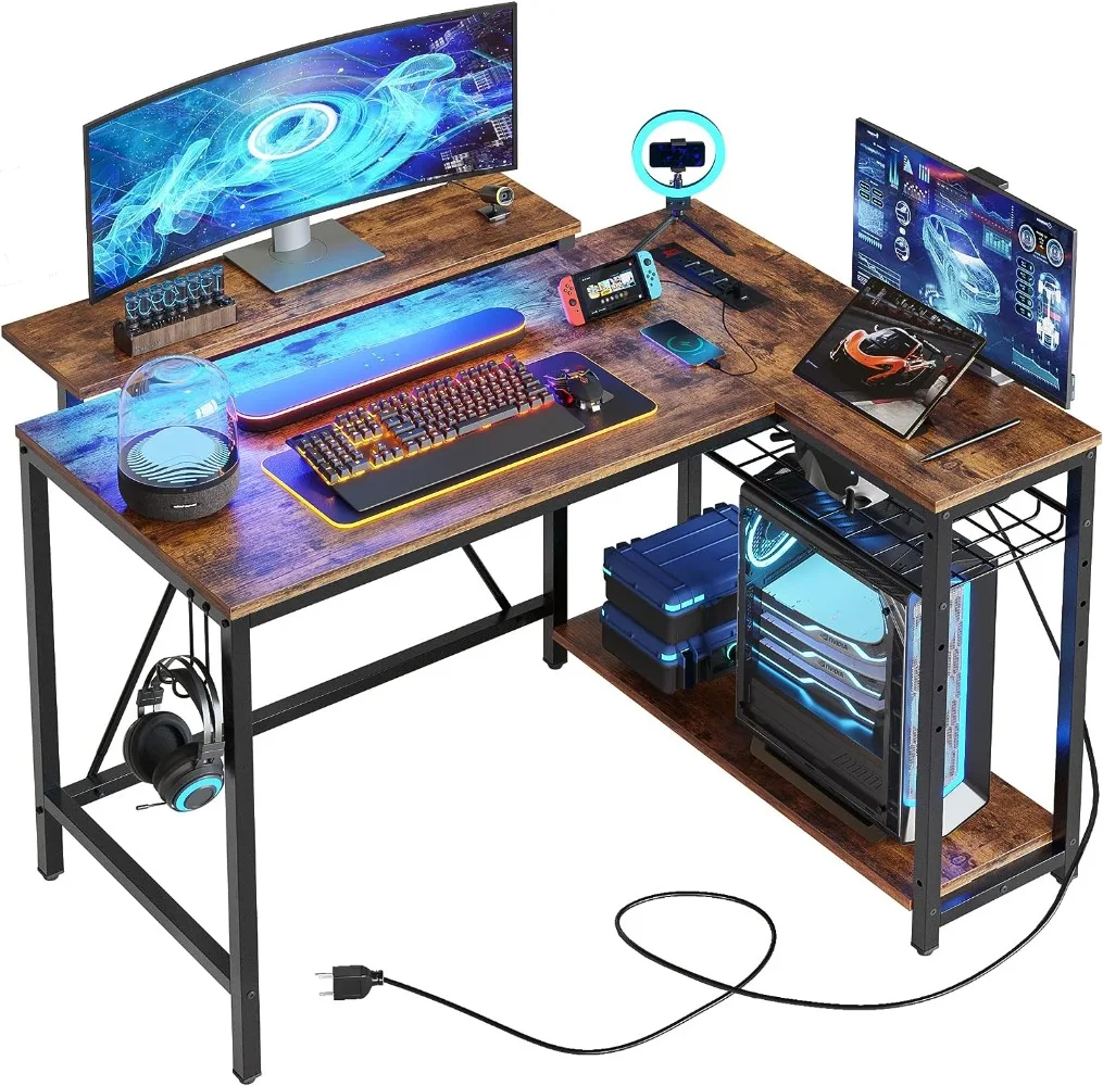 

Bestier Small L Shaped Desk with Charging Port & LED Strip,Modern Computer Desk with Reversible Storage Shelves,Corner Desk with