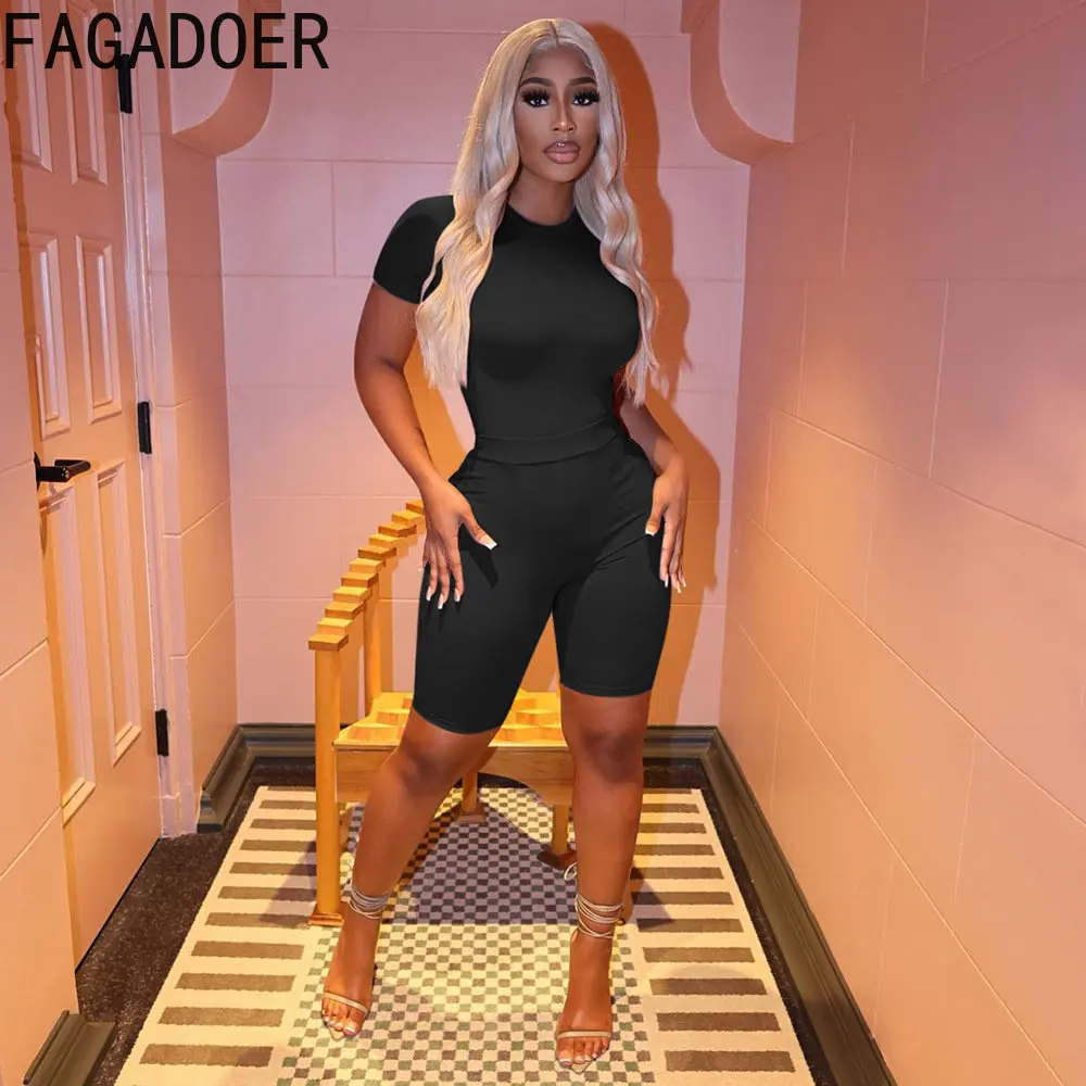 

FAGADOER Casual Solid Color Sporty Two Piece Sets Women Round Neck Bodysuits + Biker Shorts Tracksuits Summer 2pcs Outfits 2023