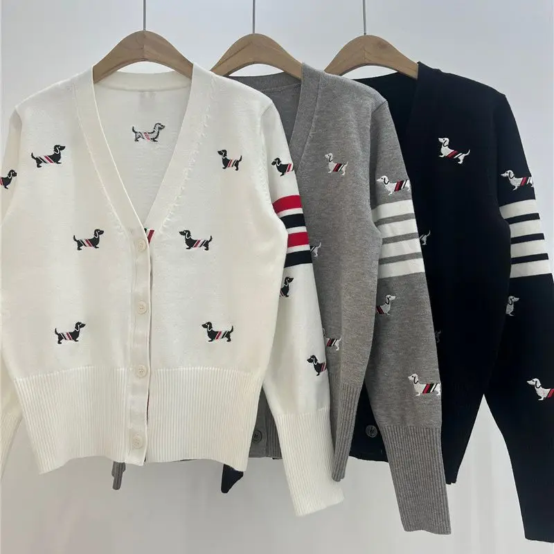 

V-neck Striped Cardigans for Women, Long-sleeved Dog Embroidery Ribbon Sweater Tb Preppy Knit Coat, Jackets.Pulls, Y2k