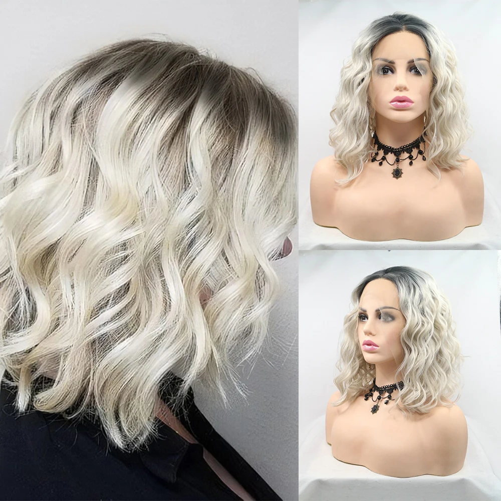 

Sylvia Black Root Ombre Platinum Blonde Synthetic Lace Frontal Wigs for Women Short Wavy Bob Natural Hairline Heat Resistant Wig