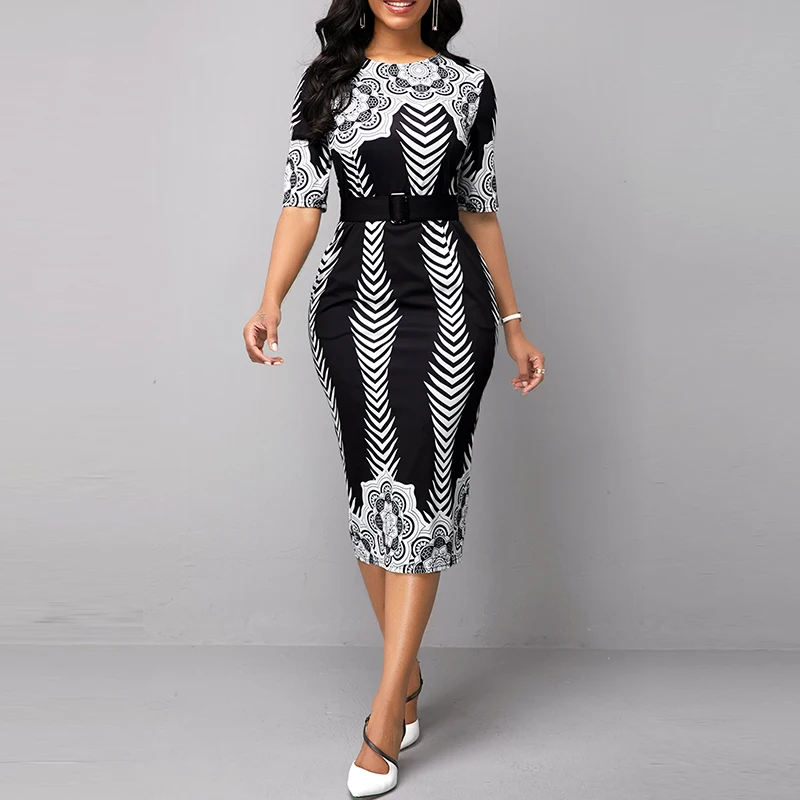 

OTEN Women Elegant OL Style Half Sleeve O-Neck Belted Tribal Print Dress Elegant bodycon High Waist Formal Pencil Midi Dress