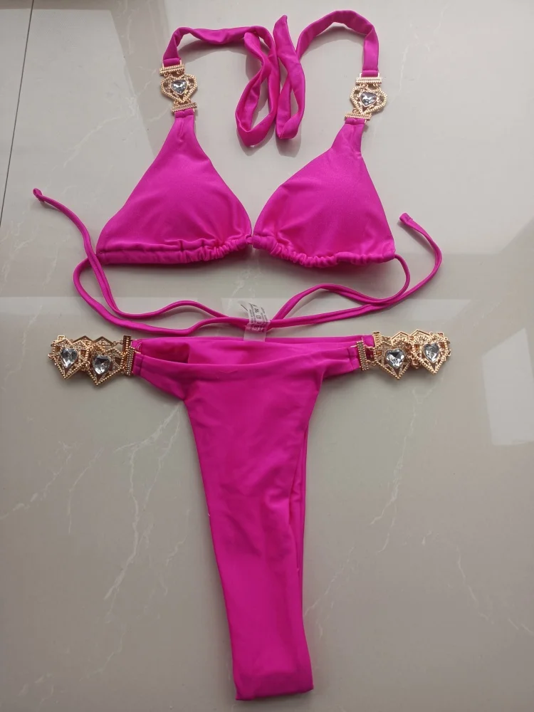 Sexy Crystal Diamond Bikini 2025 Women Swimsuit Luxury Hot Pink