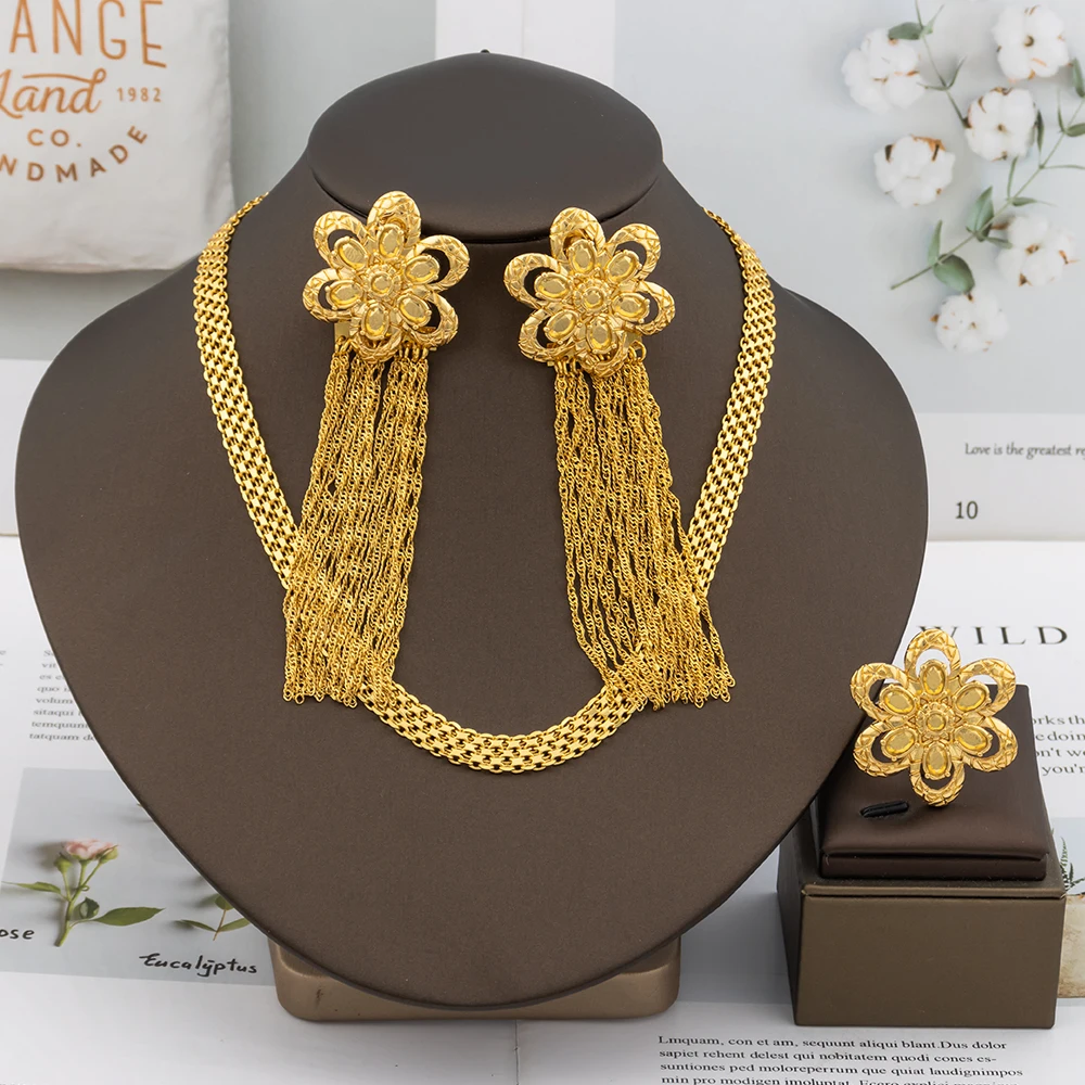 Gold Color Jewelry Set for Women Tassel Earrings Chain African Italy Luxury Necklace Ring Wedding Bride Bohemian Fashion Jewelry
Gold Color Jewelry Set for Women Tassel Earrings Chain African Italy Luxury Necklace Ring Wedding Bride Bohemian Fashion Jewelry