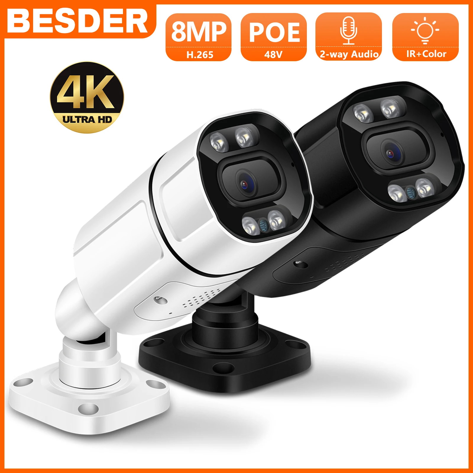 

BESDER 4K 8MP POE IP Camera H.265 4MP Outdoor Wired Bullet Camera Ai Humanoid Motion Detection IR P2P Two Way Audio Alarm Camera