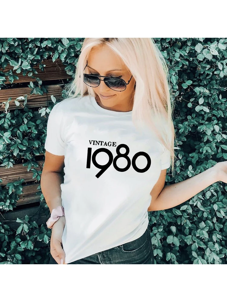 

Fashion Women T-shirt Vintage 1980 Letter Print 40th Birthday Party T Shirts Short Sleeve Tees Ladies Gift Tops Camisetas Mujer