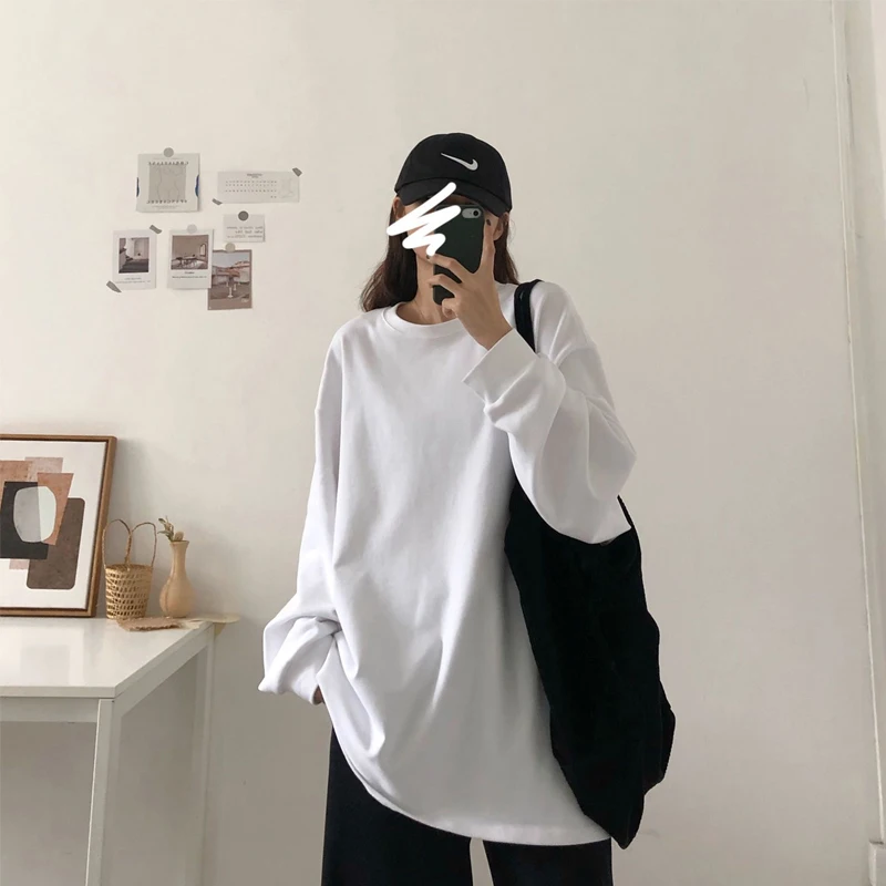 

Casual All-match Oversized T-shirt Spring Autumn New Long Sleeve Solid O-Neck Simplicity Tops Tees Fashion Vintage Women Clothes