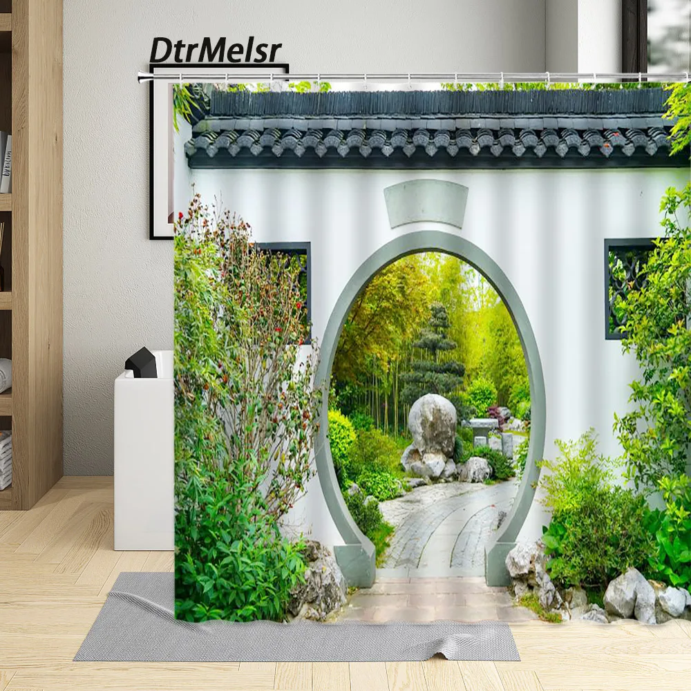 

Garden Landscape Shower Curtains Arch Moon Door Green Bamboo Plants Nature Scenery Wall Hanging Polyester Bathroom Decor Hooks