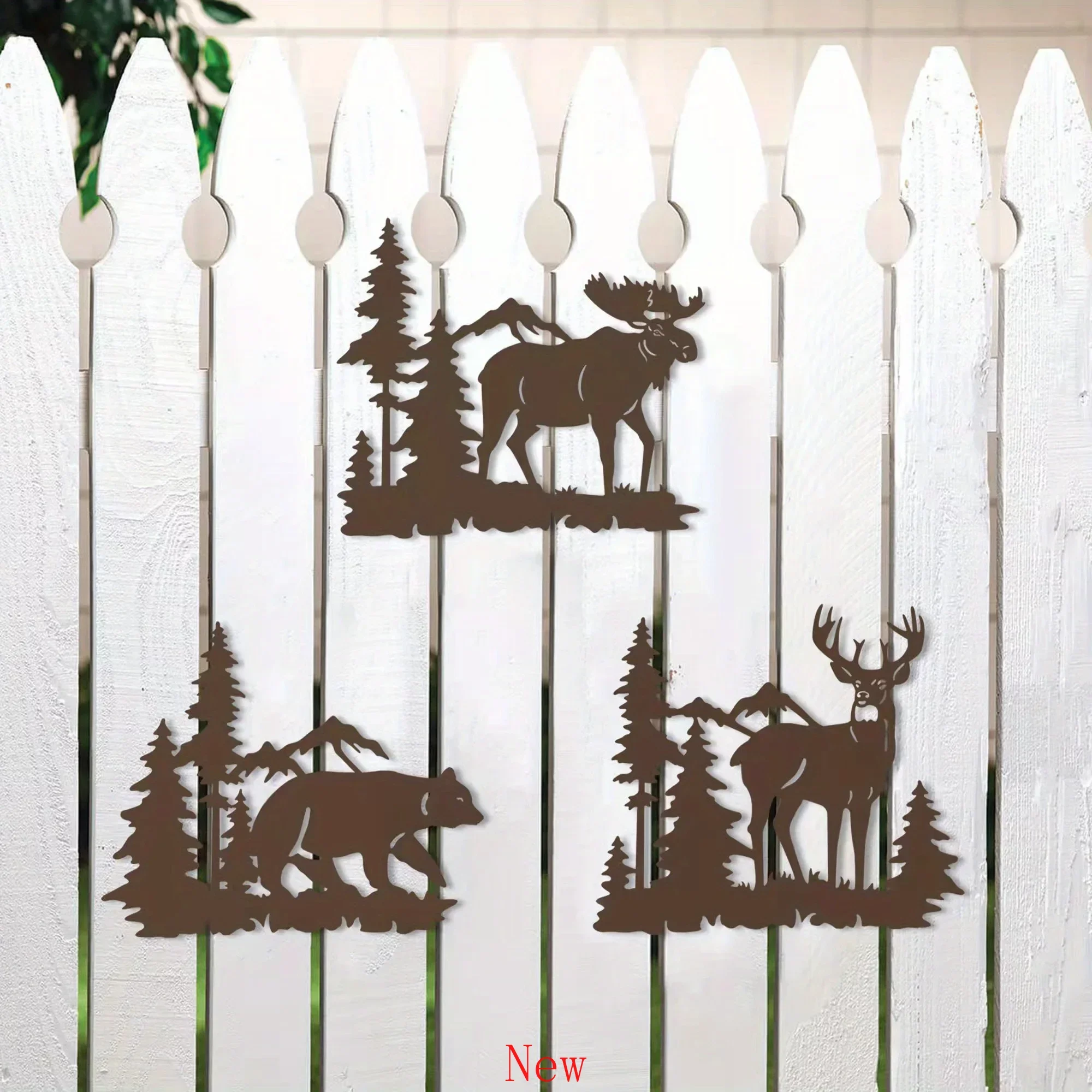 

Metal Home Art Decor Deer Bear Moose in The Forest Pine Tree Set of 3 Rustic Concise Decoration Wall Hanging Lodge Cabin Décor w