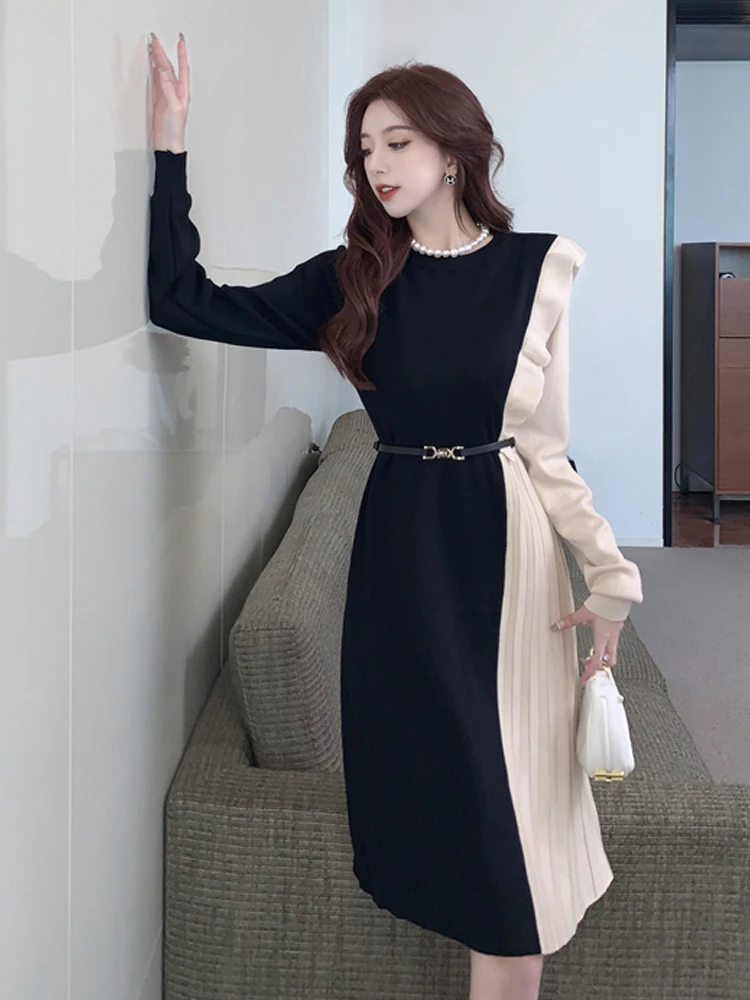 

2022 Autumn Winter Splicing Mid-Length Knitted Dress French Vintage O-Neck Long Sleeve Collect Waist Pleated Knee-Length Skirt