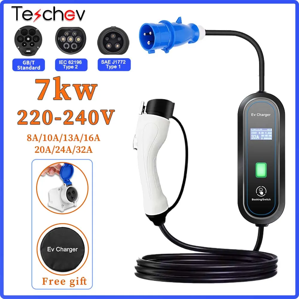 

Teschev Portable EV Charger Type2 Cable 32A 7KW with CEE Plug EVSE Type1 J1772 Charging Box 5M GB/T Charger for Electric Vehicle