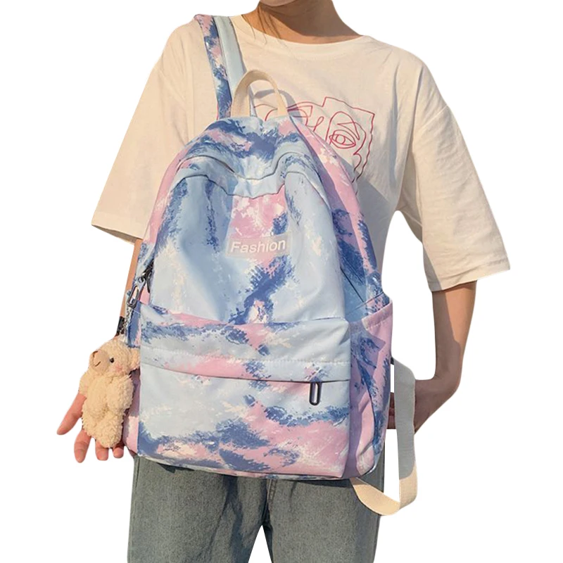 

Louatui Girls Backpack Gradient Tie Dye Lovely Campus Student Casual Knapsack School Bag with Plush Bear Pendant