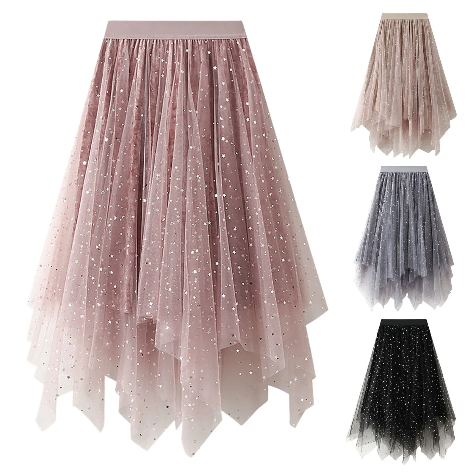 

Women's A Line Fairy Mesh Layered Pleated Skirts Elastic High Waist Tulle Tutu Irregular Hem Ruffle Prom Party A-Line Midi Skirt