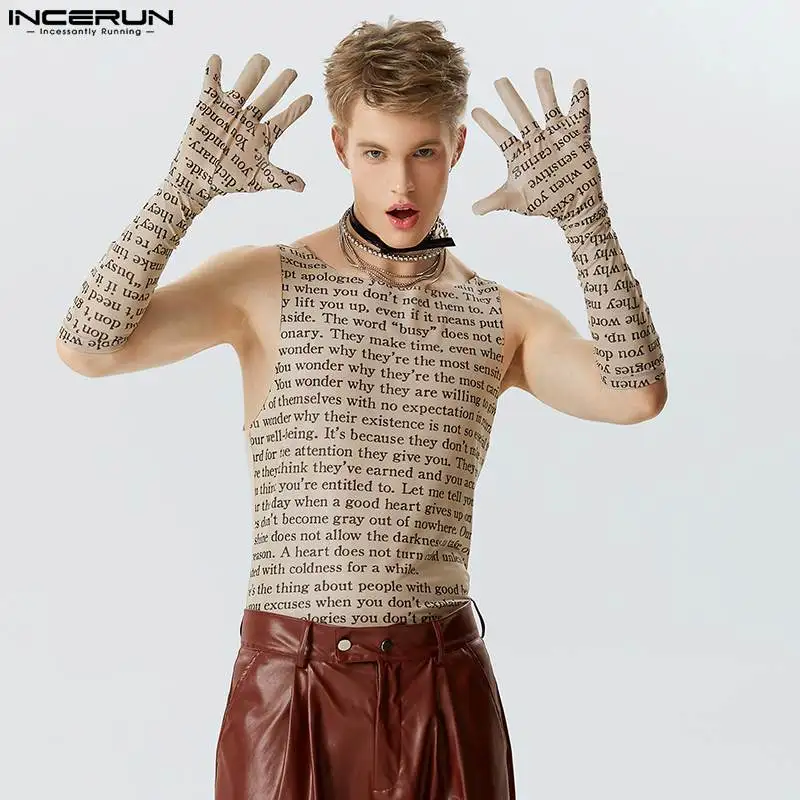

Fashionable New Men's Tops INCERUN Funny Letter Print Thimble Tank Tops Sexy Stylish Male See-through Mesh Waistcoat S-5XL 2023