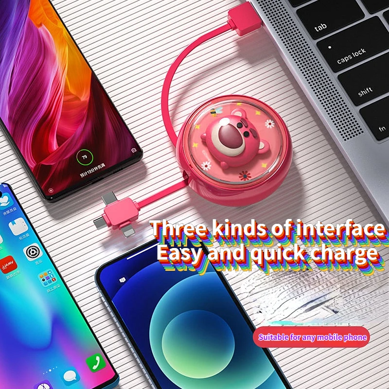 

Disney Strawberry Bear Data Cable Charging Cable Three-in-One Telescopic One Drag Three Portable Fast Car Charger Power Bank