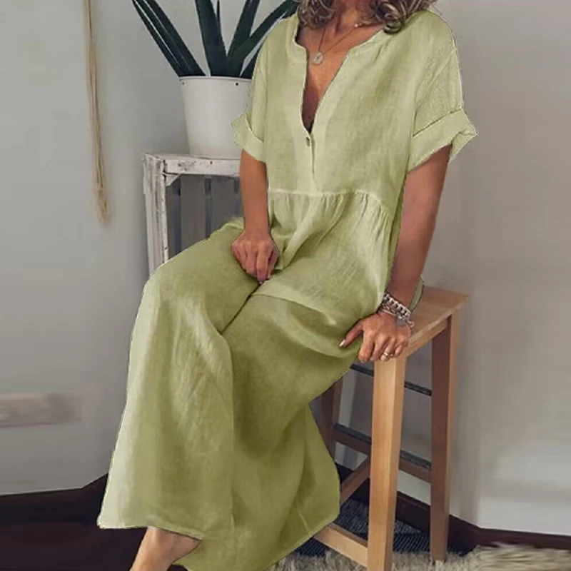 Fashion Cotton Linen Pullover Beach Long Dress Summer Casual Solid Color Loose Simple Dress New V Neck Short Sleeve Button Dress
Fashion Cotton Linen Pullover Beach Long Dress Summer Casual Solid Color Loose Simple Dress New V Neck Short Sleeve Button Dress