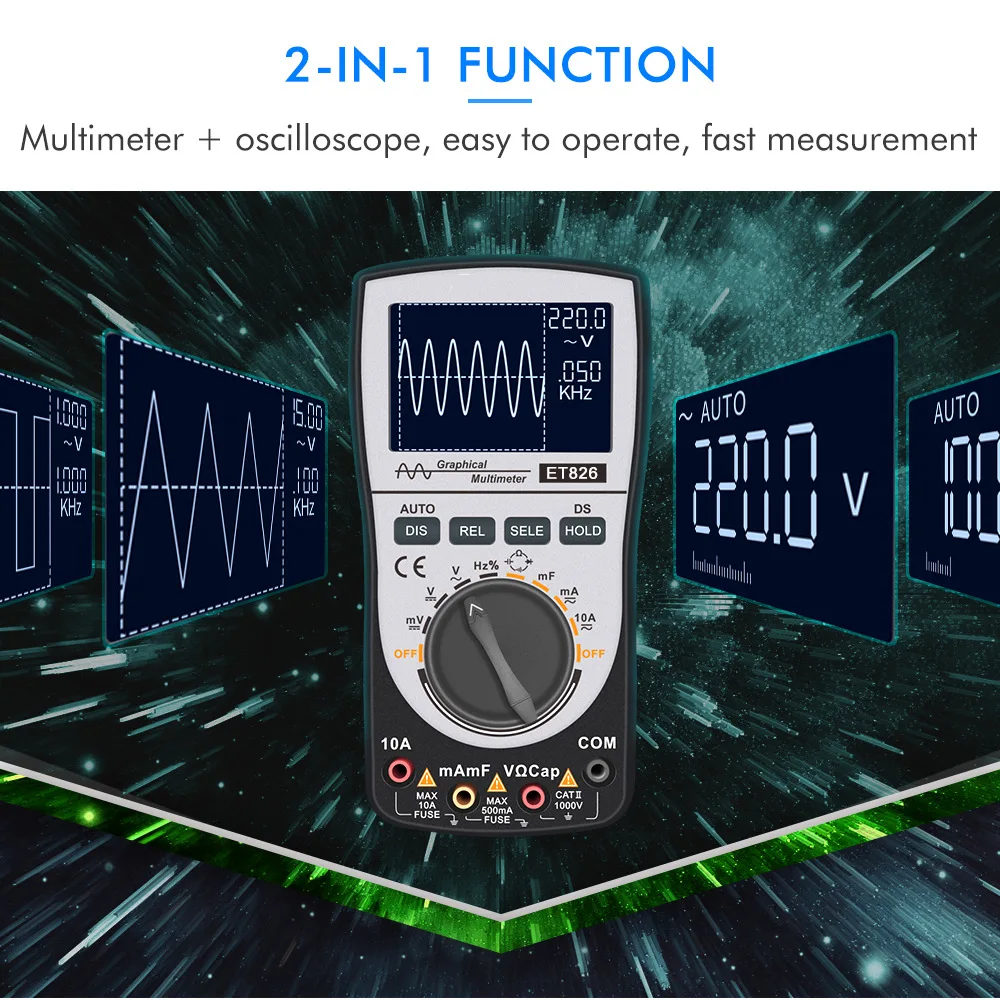 ET826 2-in-1 Intelligent Digital Oscilloscope Multimeter 4000-Count DC AC Current Voltage Resistance Frequency Diode Tester Tool
ET826 2-in-1 Intelligent Digital Oscilloscope Multimeter 4000-Count DC AC Current Voltage Resistance Frequency Diode Tester Tool
