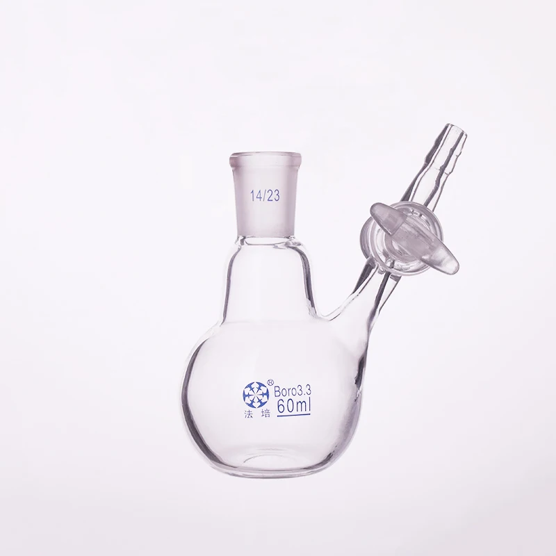 Single standard ground mouth reaction flat bottom ball bottle 60mL 14/23,Glass switch valve,Reaction flat bottom flask
Single standard ground mouth reaction flat bottom ball bottle 60mL 14/23,Glass switch valve,Reaction flat bottom flask