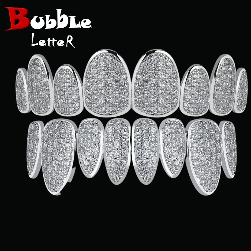 

Bubble Letter Punk Teeth Caps Cosplay Style Luxury Grillz Set Iced Out Micro Pave Hip Hop Jewelry