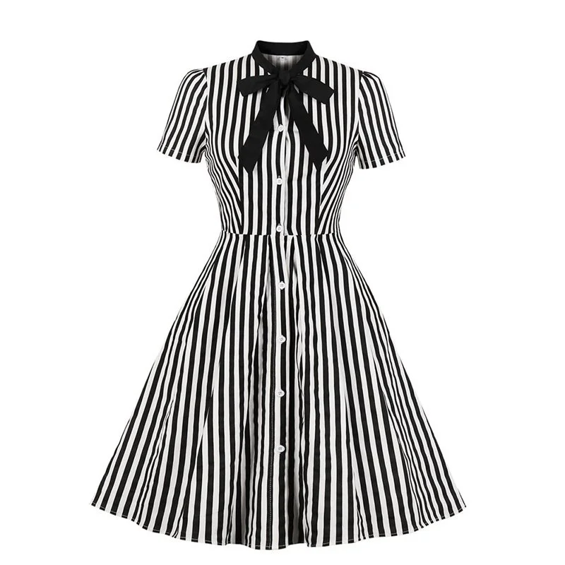 

Rosetic Vintage Stripe Midi Dress Women Summer 50s Bow Collar Elegant Office Casual Stylish Goth Ladies Retro Rockabilly Dresses