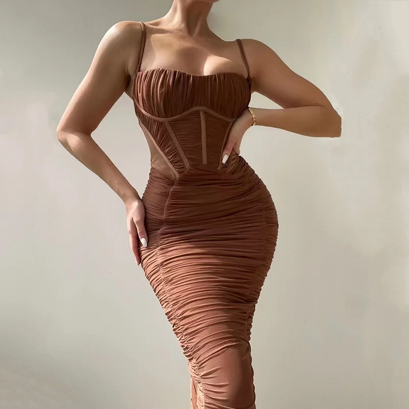 

Женское длинное платье на бретельках-спагетти, без рукавов, с открытой спиной, на молнии, соблазнительное однотонное элегантное платье-корсет с рюшами, Макси-Платье, модель 2023 года