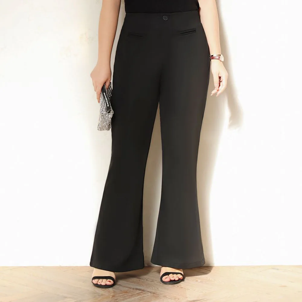 

Knit Texture Drape Effect High Waist Bell Bottoms Plus Size Spring Summer New Full-Length Micro Flare Pants OL Suit Trousers