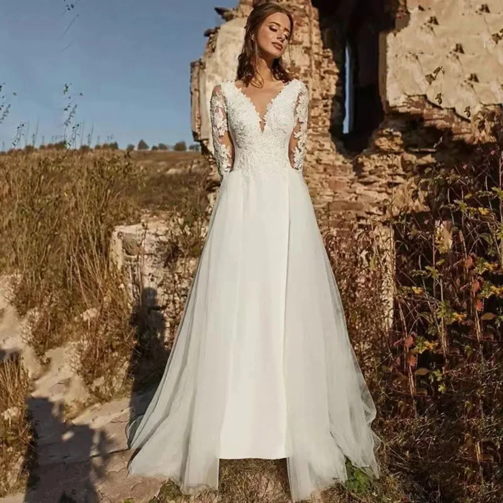 Satin Mermaid Wedding Dresses With Detachable Train 2021 V-Neck Long Sleeve Backless Lace Appliqu Bridal Gown Custom Made
Satin Mermaid Wedding Dresses With Detachable Train 2021 V-Neck Long Sleeve Backless Lace Appliqu Bridal Gown Custom Made