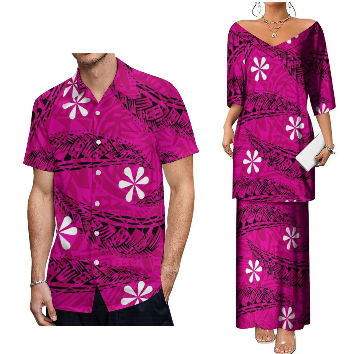 

New Style Polynesian Dress Polynesian Tribal Long Top And Skirts Two Piece Set Dress Big V Neck Samoa Puletasi Customize