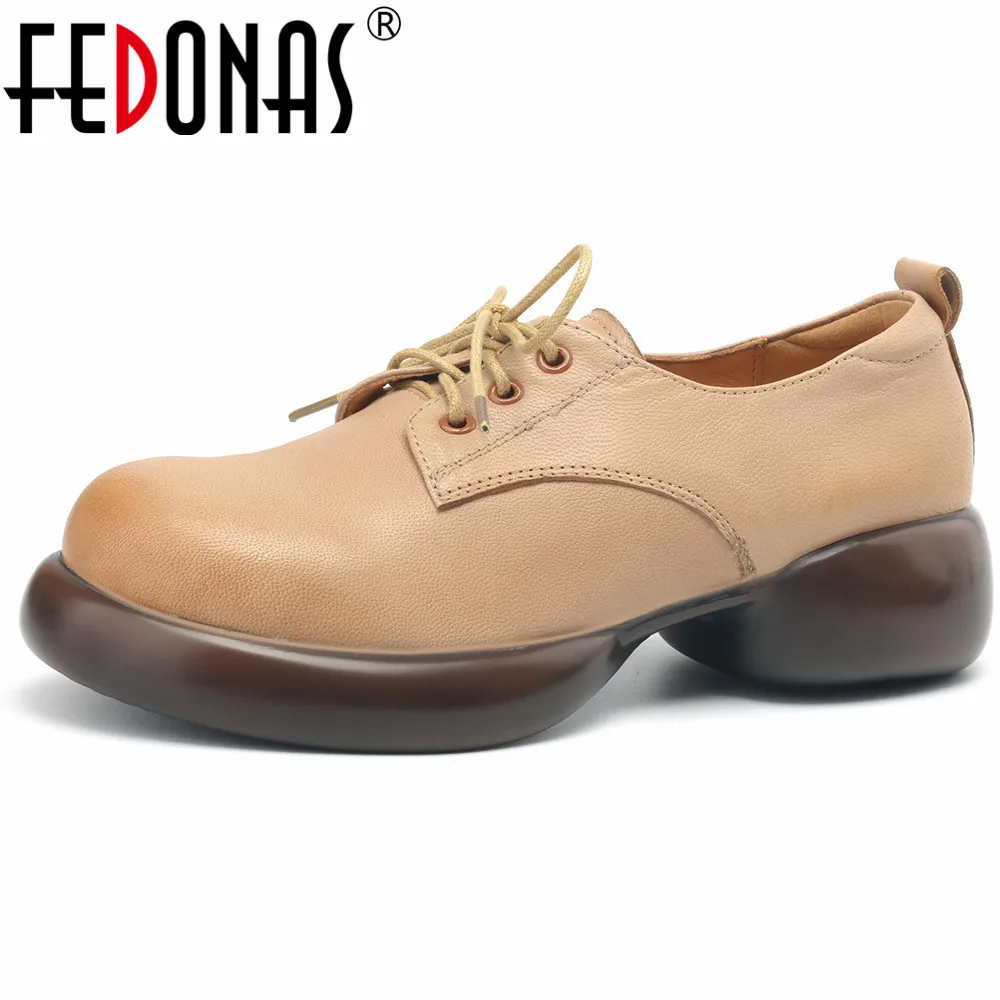 

FEDONAS Spring Summer Women Pumps Platforms Genuine Leather Round Toe Casual Working Concise Lace-Up Basic Shoes Woman Pumps New