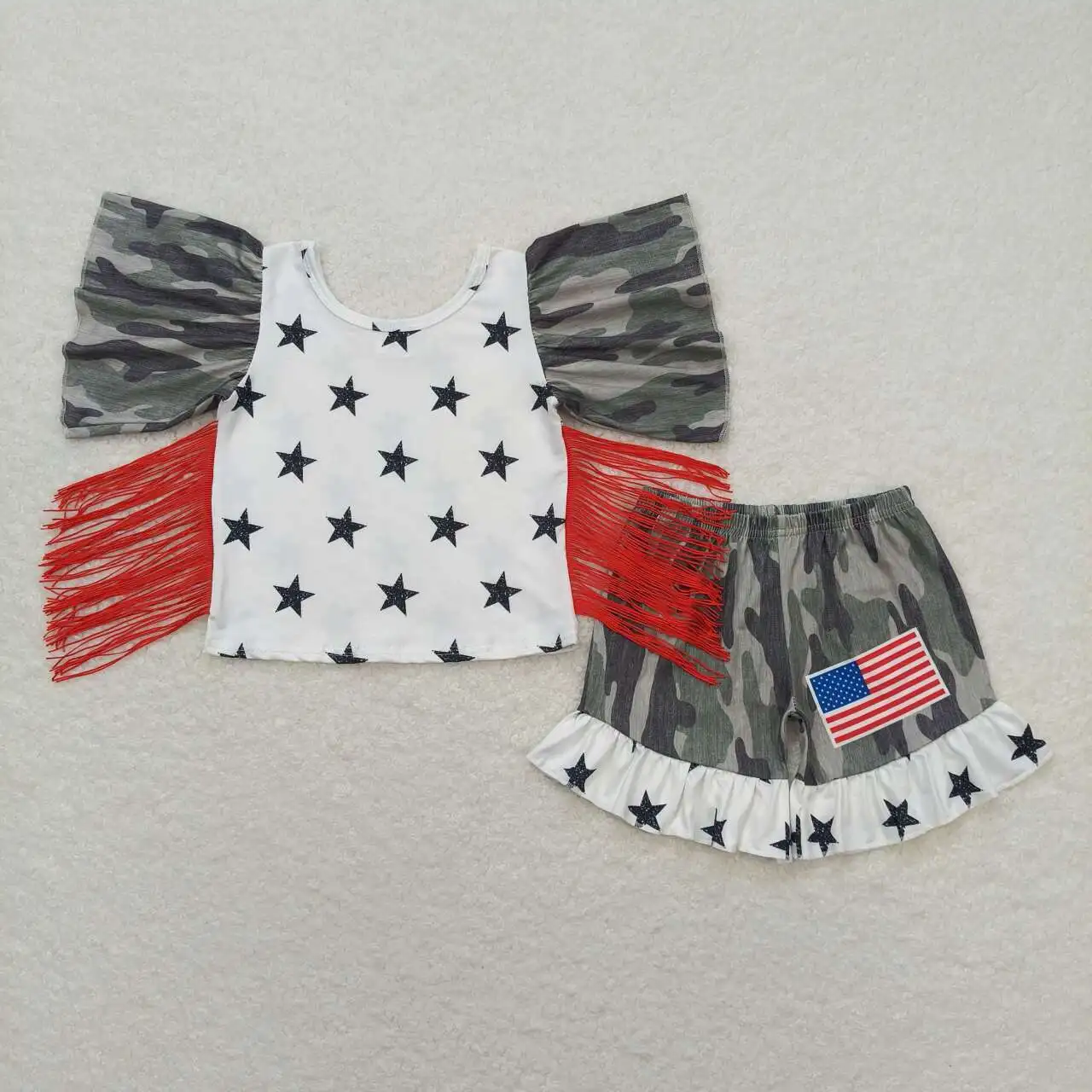 

Toddler girls July 4th blue stars Outfits Clothes Baby Short Sleeves Top red Shorts Kids Clothing Wholesale boutique summer set