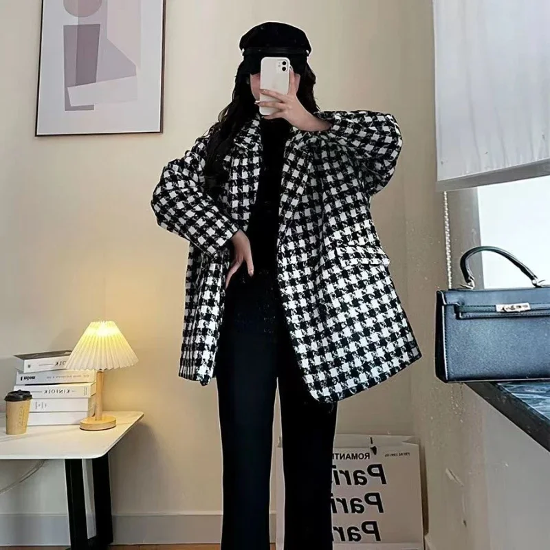 

Female Coats and Jackets Black White Outerwear Check Women's Blazers Long Over Clothing Wool & Blend Tweed in Plaid Jacket Dress