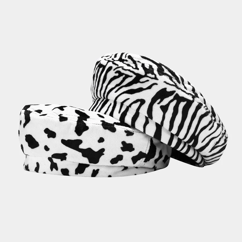 

Cow Pattern Spring Autumn Painted Artist Zebra Cow Pattern Black and White Tide Beret Cap Women Versatile Hat Gorras Para Mujer