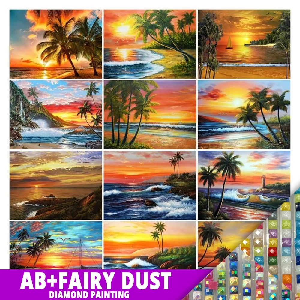 

AB Fairy Dust Diy 5d Full Diamond Painting Scenery Embroidery Drill Sunset Beach Coconut Tree Mosaic Cross Stitch Art Hobby Gift