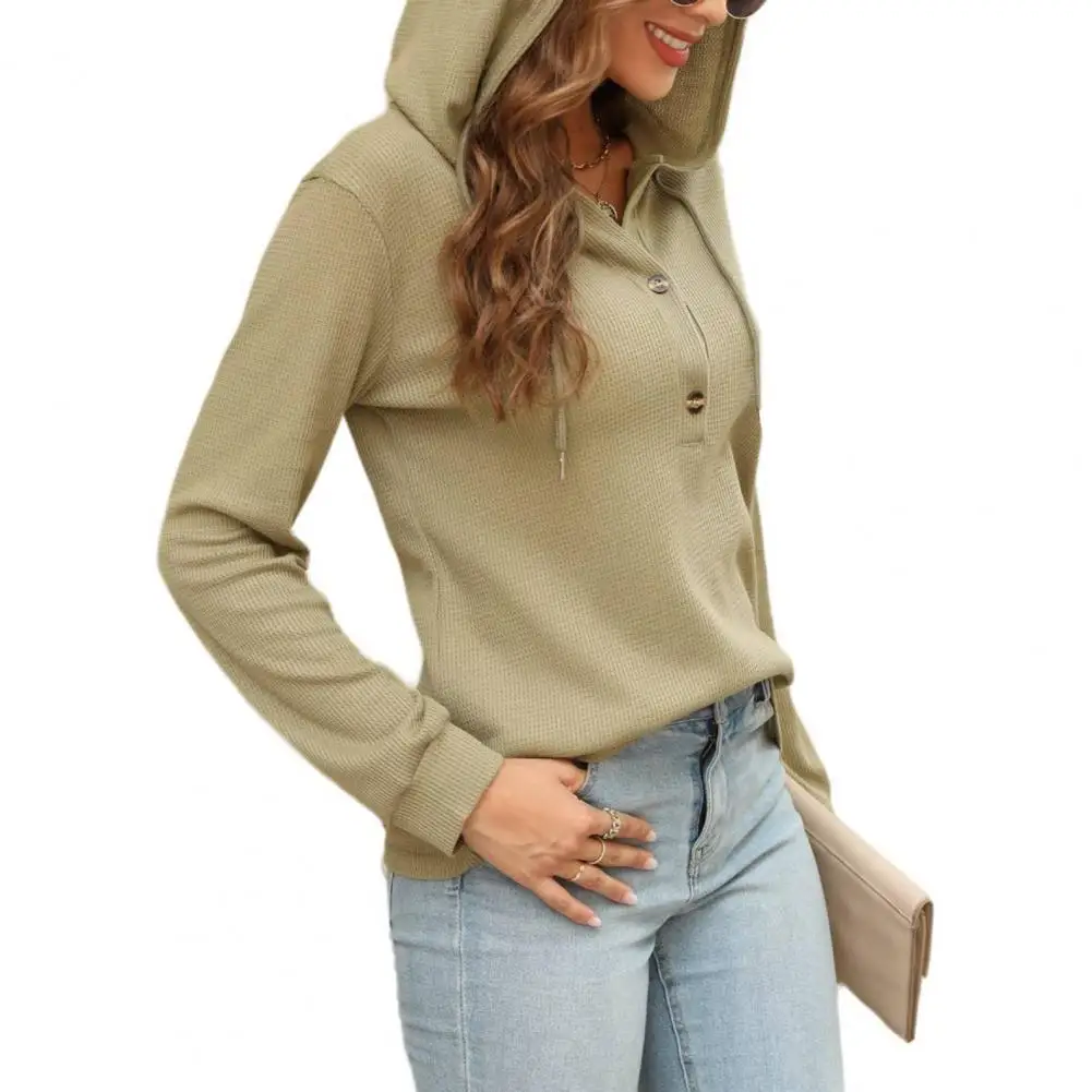 

Women Hoodie Women's Waffle Texture Hoodie Pullover Top with Drawstring Hood Button Decor Soft Long Sleeve Solid Color Casual