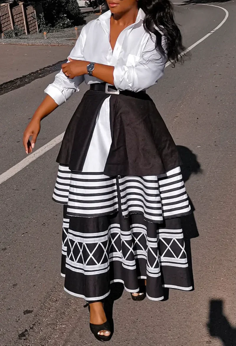 

KEXU Striped Geometrical Cascading Ruffles Big Swing A-line Maxi Long Vintage Skirt 2023 New Women Fashion Streetwear