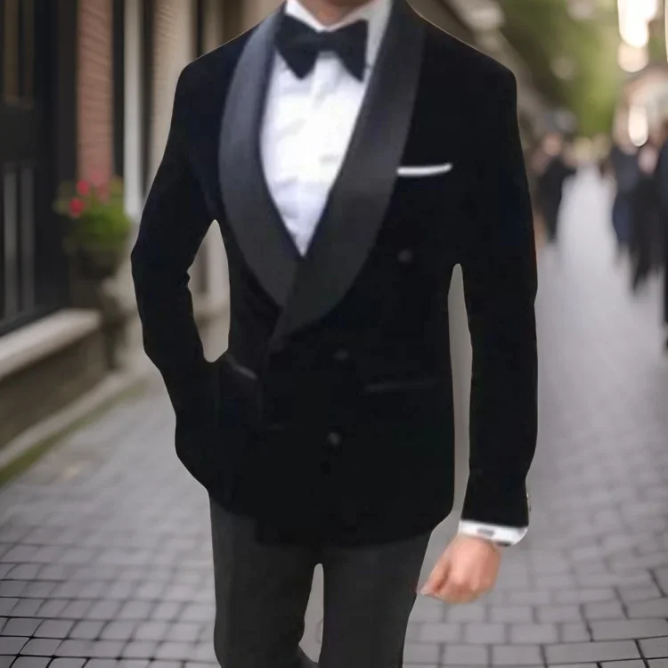 

Мужской облегающий костюм для выпускного вечера, двубортный свадебный смокинг для жениха, 2 шт., модный бархатный блейзер с лацканами и брюками, 2024
