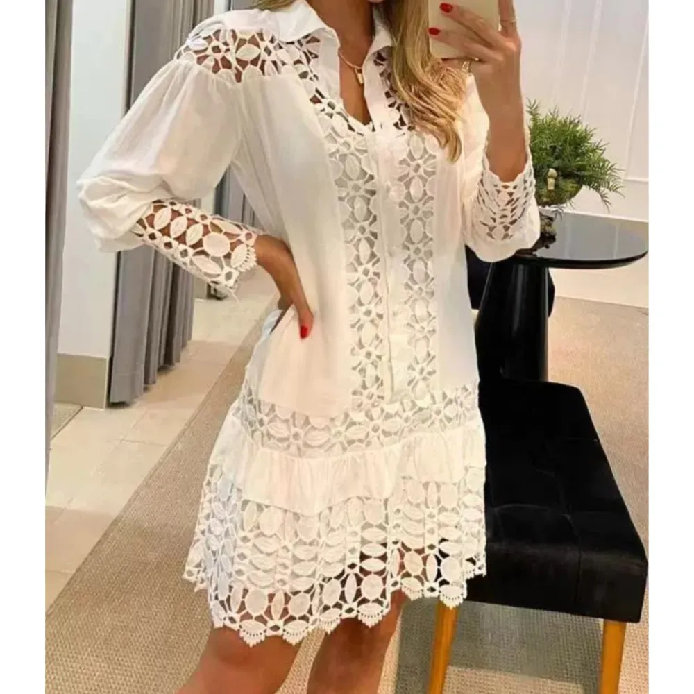 Autumn Fashion Lace Patchwork Hollow Shirt Dress For Women Elegant Lantern Sleeve Solid Lapel Buttons Office Chic Mini Dresses
Autumn Fashion Lace Patchwork Hollow Shirt Dress For Women Elegant Lantern Sleeve Solid Lapel Buttons Office Chic Mini Dresses