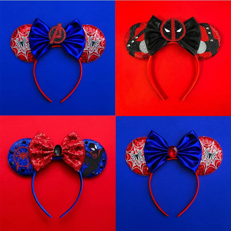 

The Avengers Disney Cute Anime Ears Headband Women Marvel Spider-Man Hairbands Girl Sequins Bow Hair Accessories Kids Party Gift