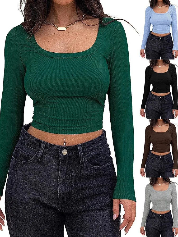 

Women's Long Sleeve Square Neck Crop Top Ribbed Slim Fitted Y2K Casual T-Shirt Tops