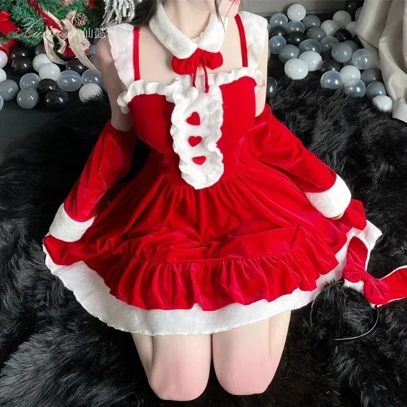 

Sexy Christmas Costumes Lolita Maid Red Dress Women Soft Velvet Bunny Lingerie Xmas Red Santa Claus Dress Cosplay Party Outfits