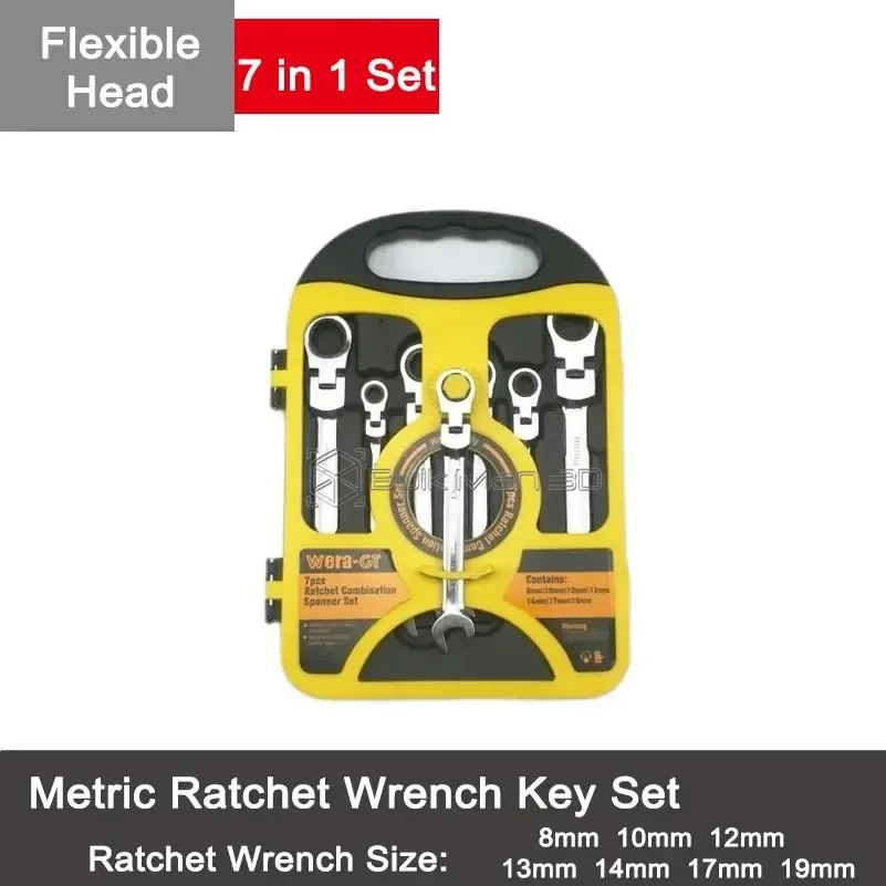 

7pcs/Set Metric Ratchet Wrench Key Set Flexible Head Spanner 8mm/10mm/12mm/13mm/14mm/17mm/19mm