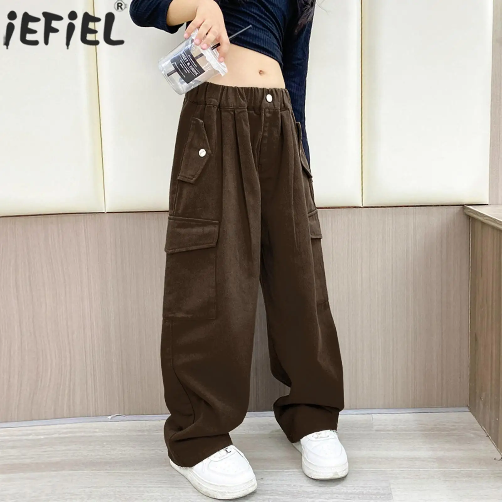 

Teens Girls Loose Casual Cargo Pants Fashion Korean Style Hip Hop Pants Elastic Waistband Wide Leg Trouser Streetwear Daily Wear