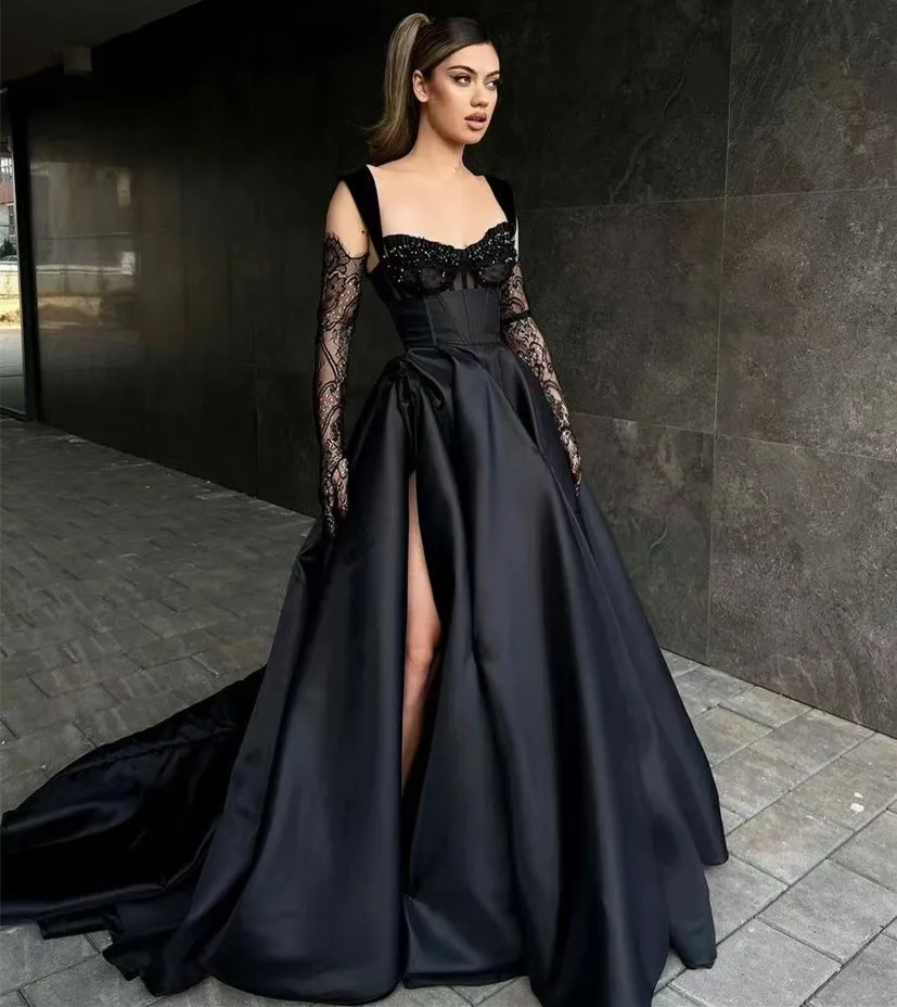 Black Prom Dresses Spaghetti Beaded Sweetheart Formal Occasion Evening Party Women Wear Long Ruched Side Slit Vestidos
Black Prom Dresses Spaghetti Beaded Sweetheart Formal Occasion Evening Party Women Wear Long Ruched Side Slit Vestidos