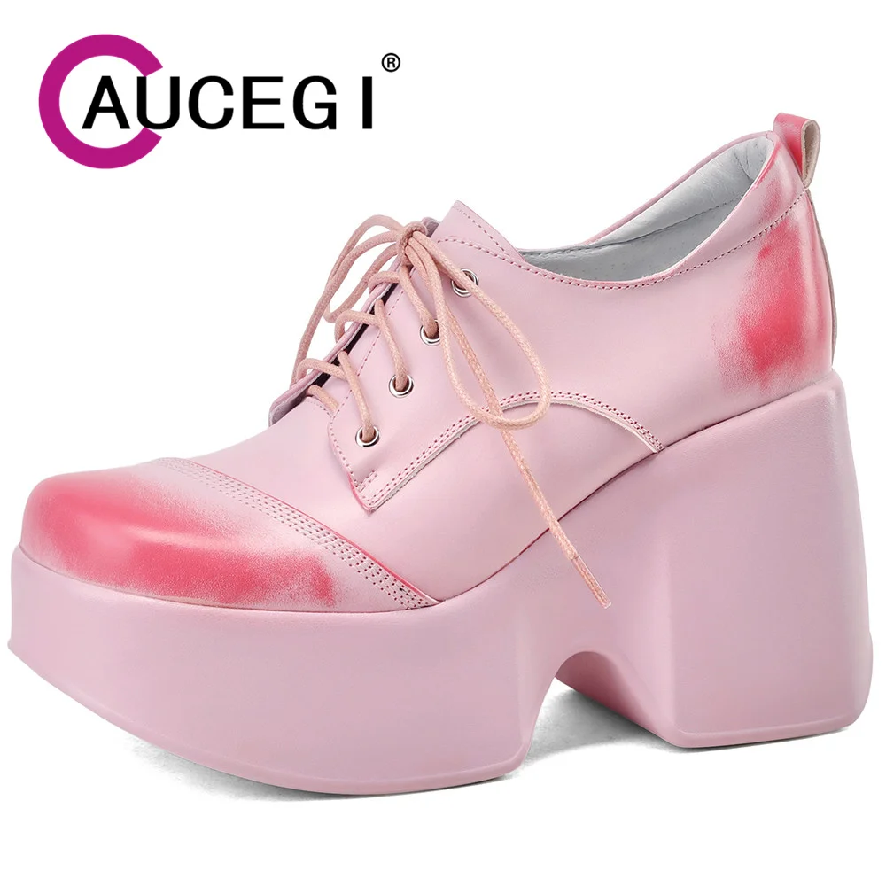 

Aucegi Latest Round Toe Real Leather Women Pumps Spring Autumn Platform Thick Heel Loafers Lace Up Dress Prom Career Shoes