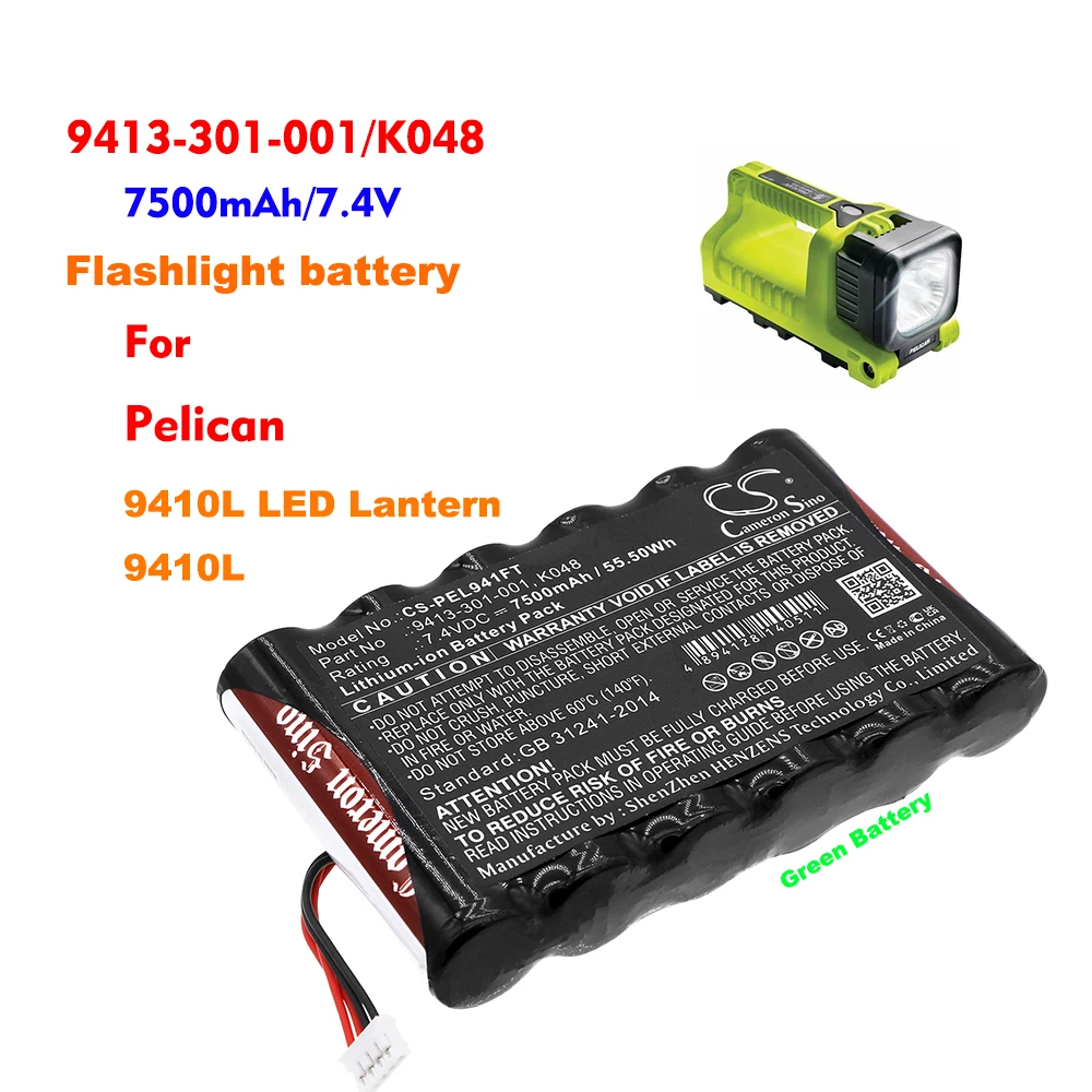 

Flashlight Li-ion 9413-301-001 K048 7500mAh/7.4V/55.50Wh Battery Pelican for 9410L 9410L LED Lantern 9413-301-002 9410-301-001E