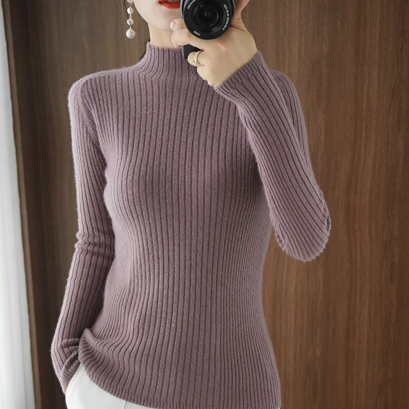 

2023 Autumn New Half High Collar Women's Long Sleeve Slim Fit Pit Stripe Lazy Sweater Knitted Shirt Underlay Outer Wear Inner We