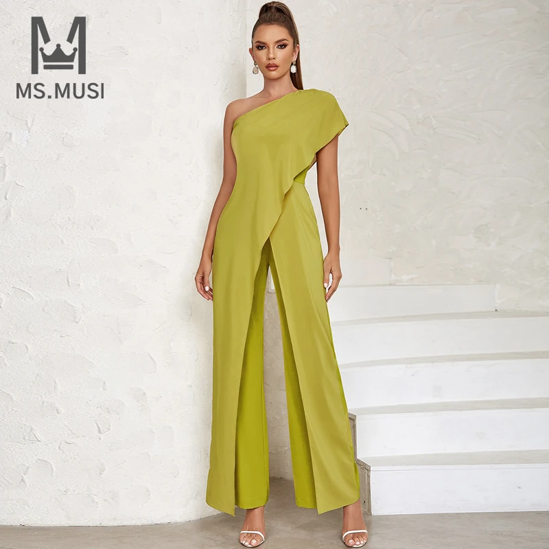 

MSMUSI 2023 New Fashion Women Sexy One Shoulder Falbala Ruffles One Sleeve Bodycon Party Club Flare Pant Slim Lady Jumpsuit