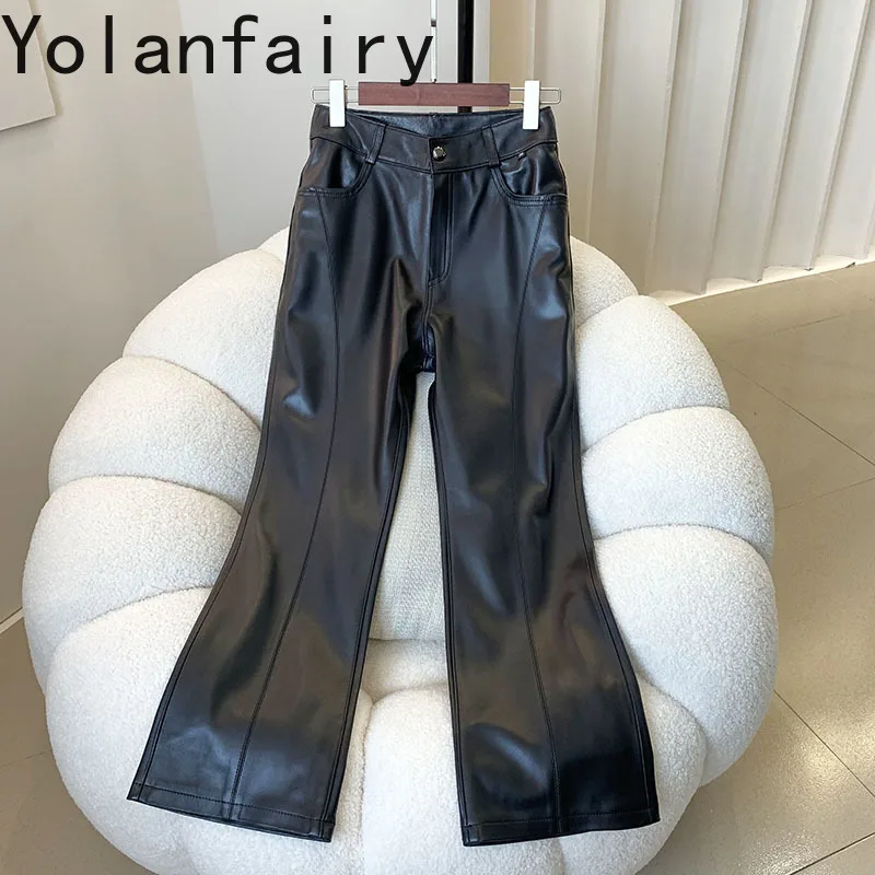 

2024 Spring Autumn Genuine Sheepskin Leather Pants Female High-waisted Micro Flared Pants Womans Clothing Nine-points Trousers