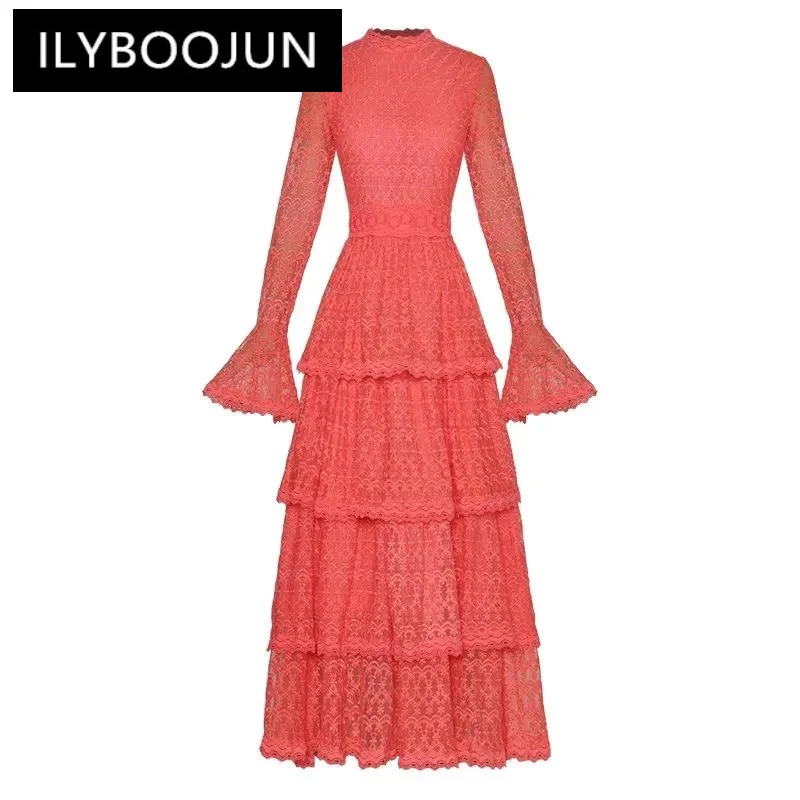 

ILYBOOJUN Spring Summer Women's dress Flare Sleeves Dresses Mesh Embroidery Cascading Ruffle Party Maxi long Cake Dresses