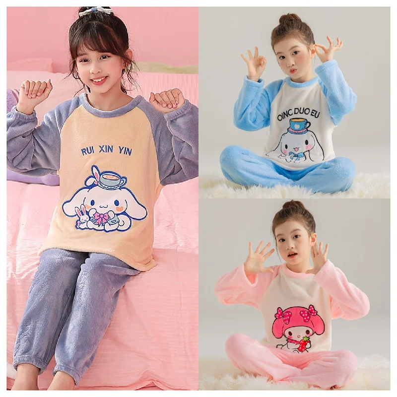 

Anime Sanrio Cinnamoroll Children Winter Pajamas Kawaii Kuromi My Melody Pochacco Cute Coral Velvet Thickened Boy Girl Homewear