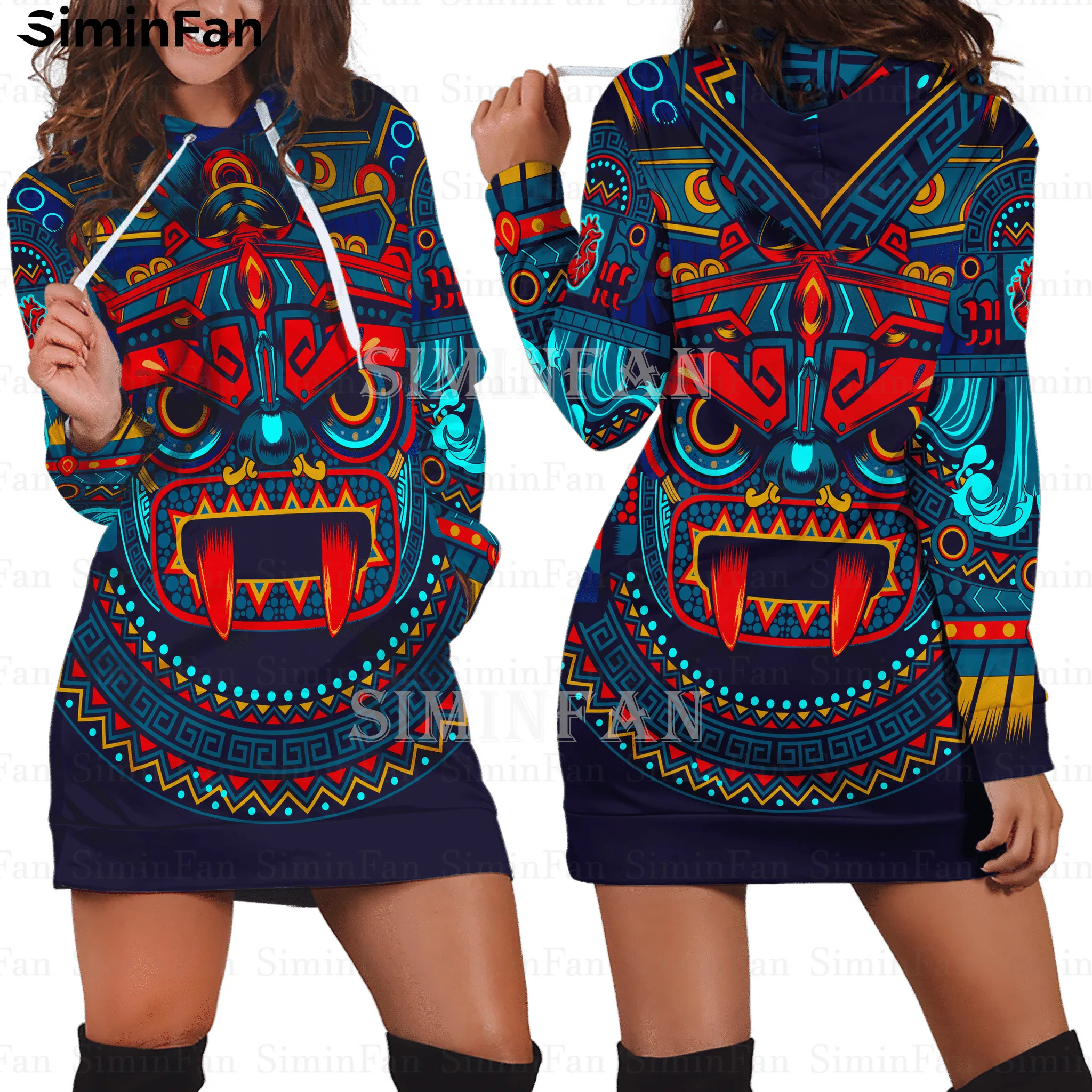 

Sun God Aztec Mexican 3D Printed Women Hoodie Dress Female Pocket Hooded Pullover Dresses Spring One-Piece Casual Streetwear